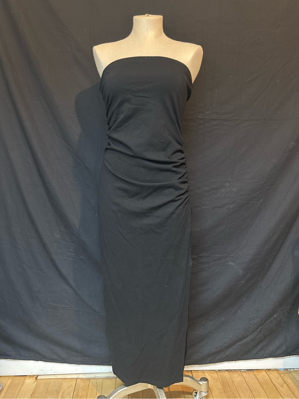 Strapless Black Ruched Slit Midi Dress